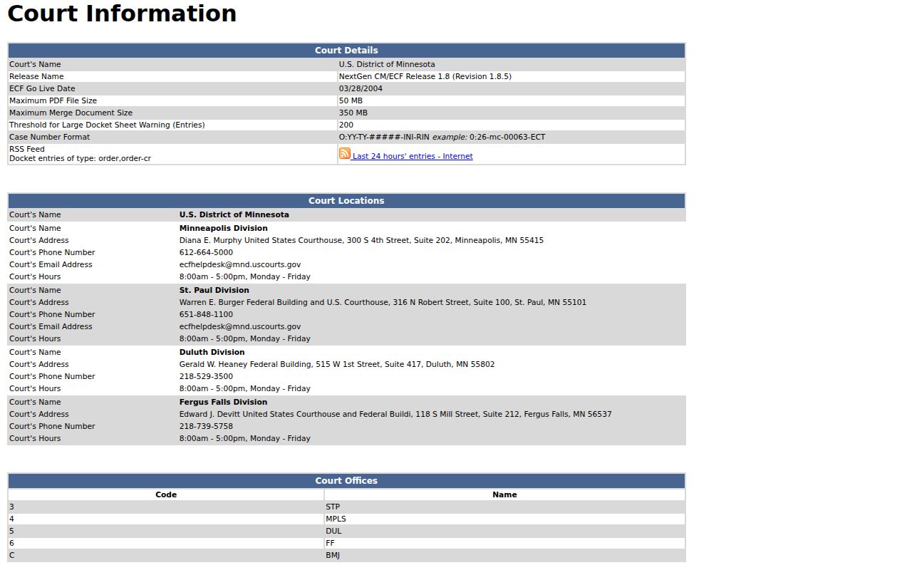 Rothsay court docket District of Minnesota CM ECF information