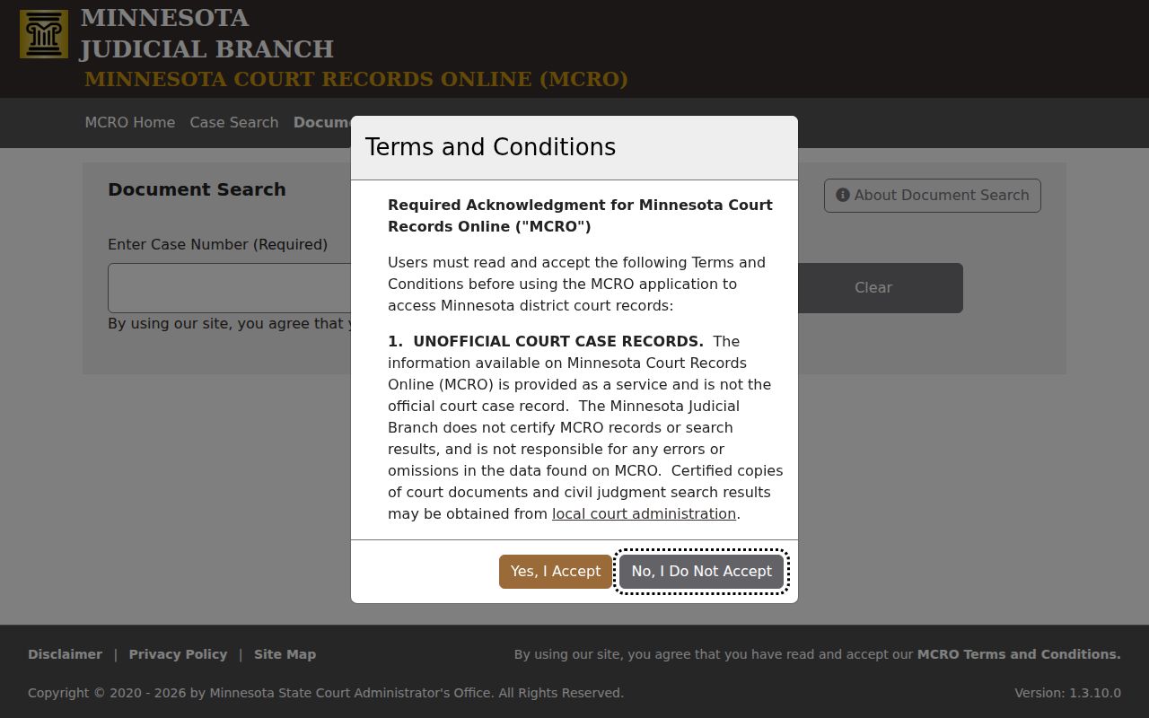 Minnesota Court Records Online document search form for Wilkin County civil dockets