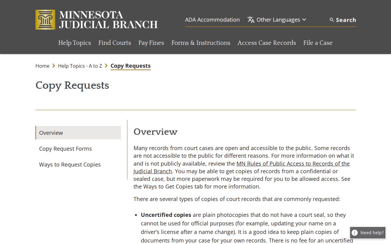 Minnesota Judicial Branch copy request information for court documents