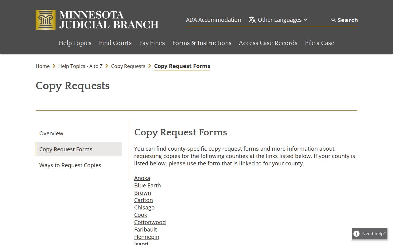 Minnesota Judicial Branch copy request forms page for civil court records