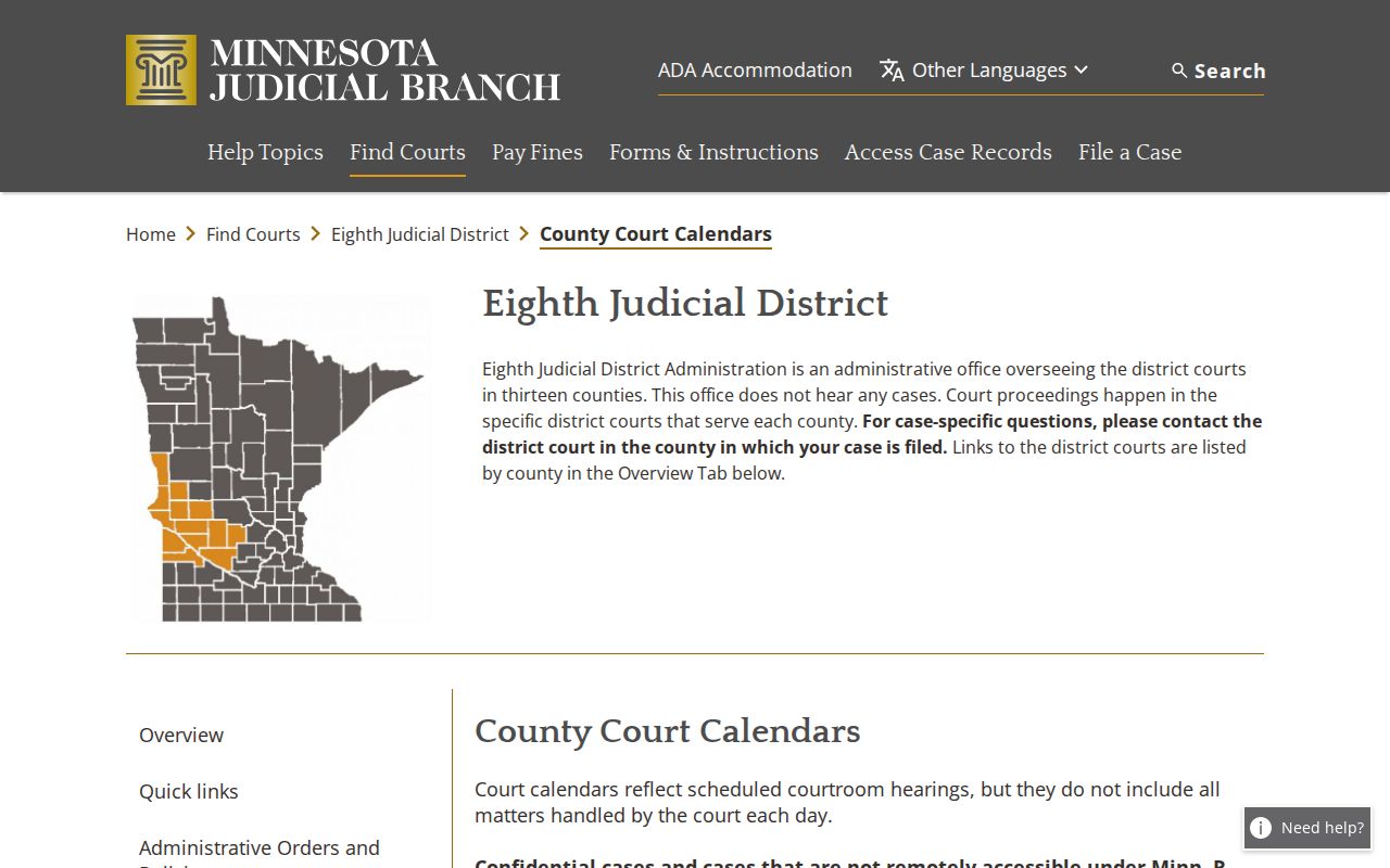 Wilkin County court calendar Eighth District county calendars page