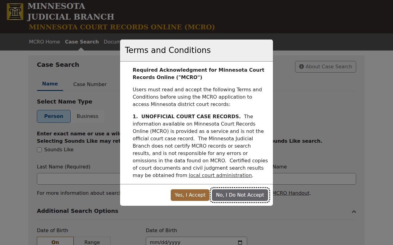 Minnesota Court Records Online case search controls for Wilkin County criminal dockets