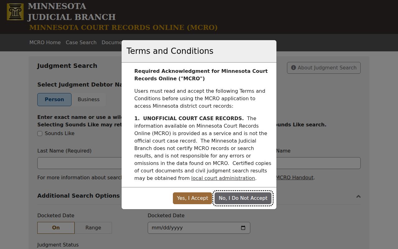Minnesota Court Records Online judgment search interface