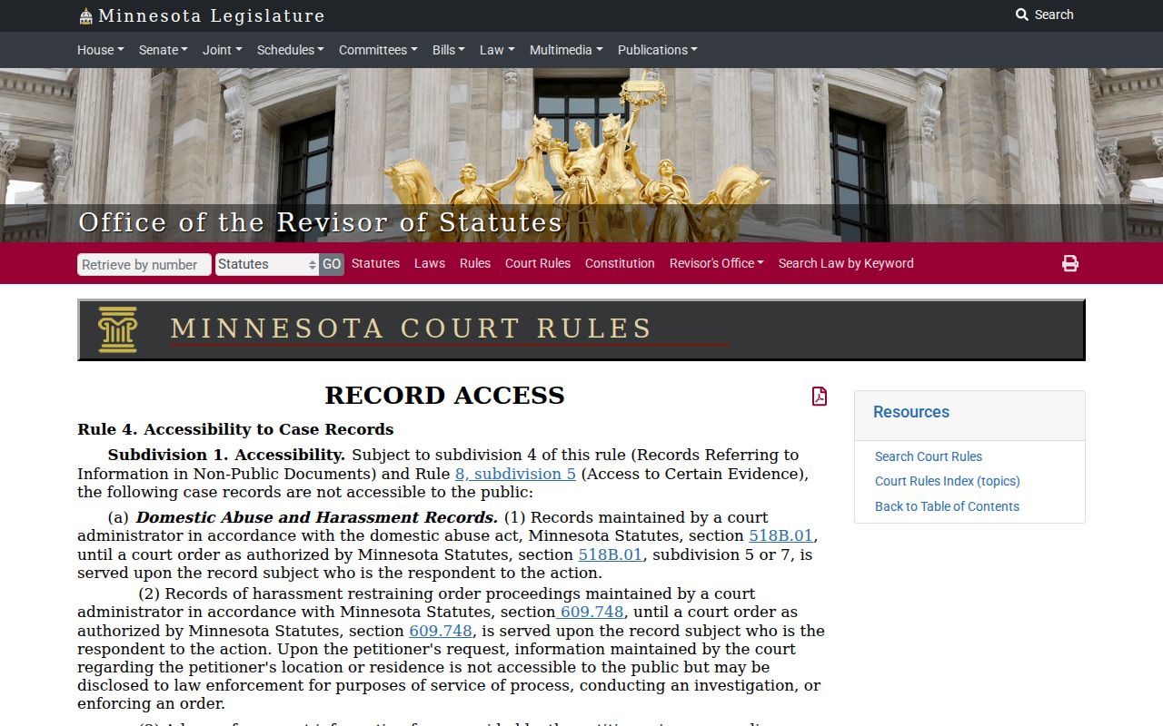Minnesota public-access rule page for restricted court records