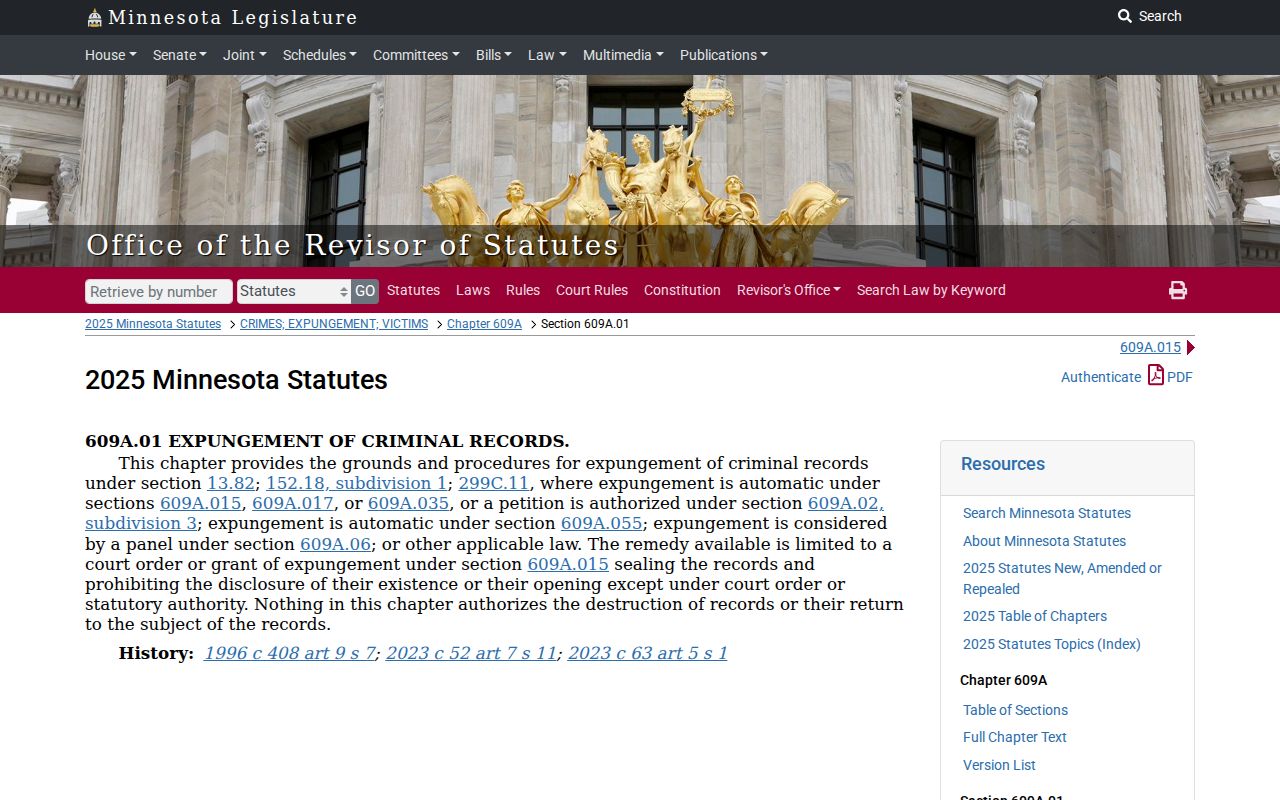 Minnesota expungement statute page for sealed criminal records