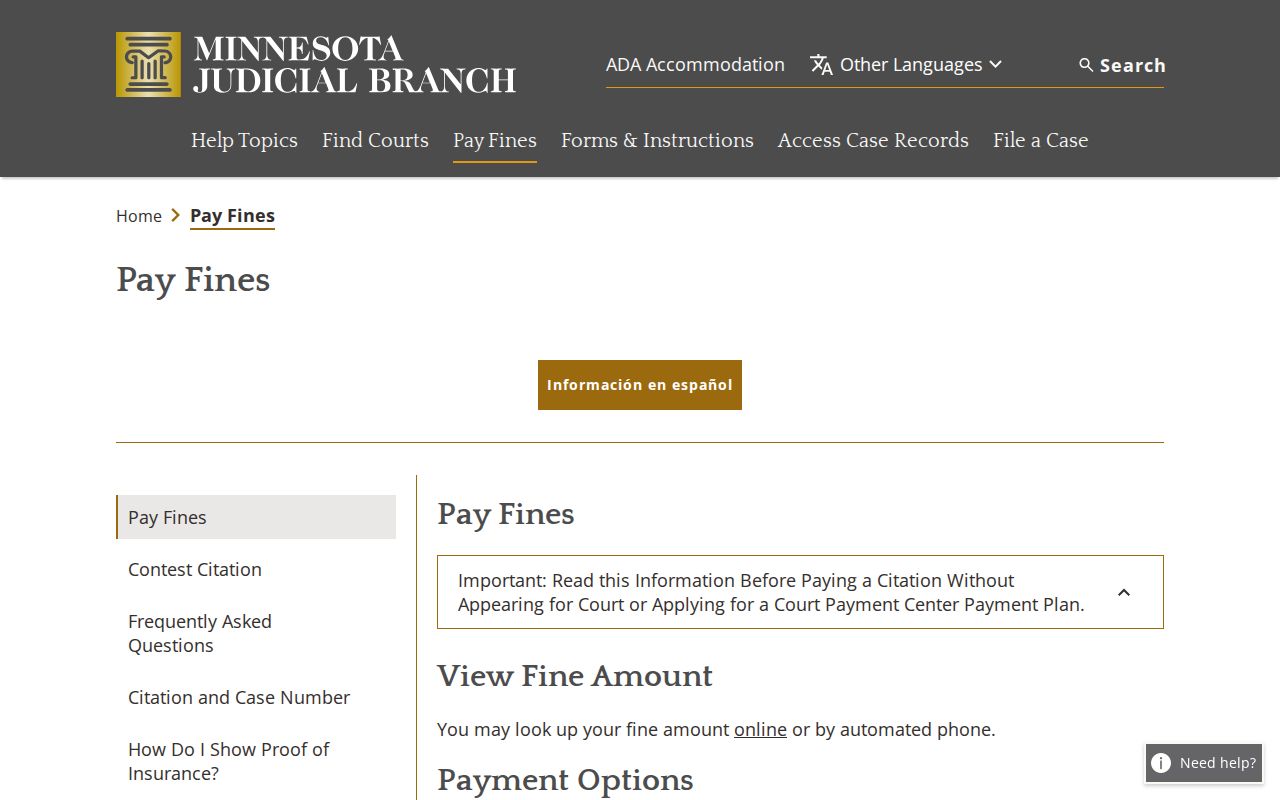 Minnesota pay fines and citation information page