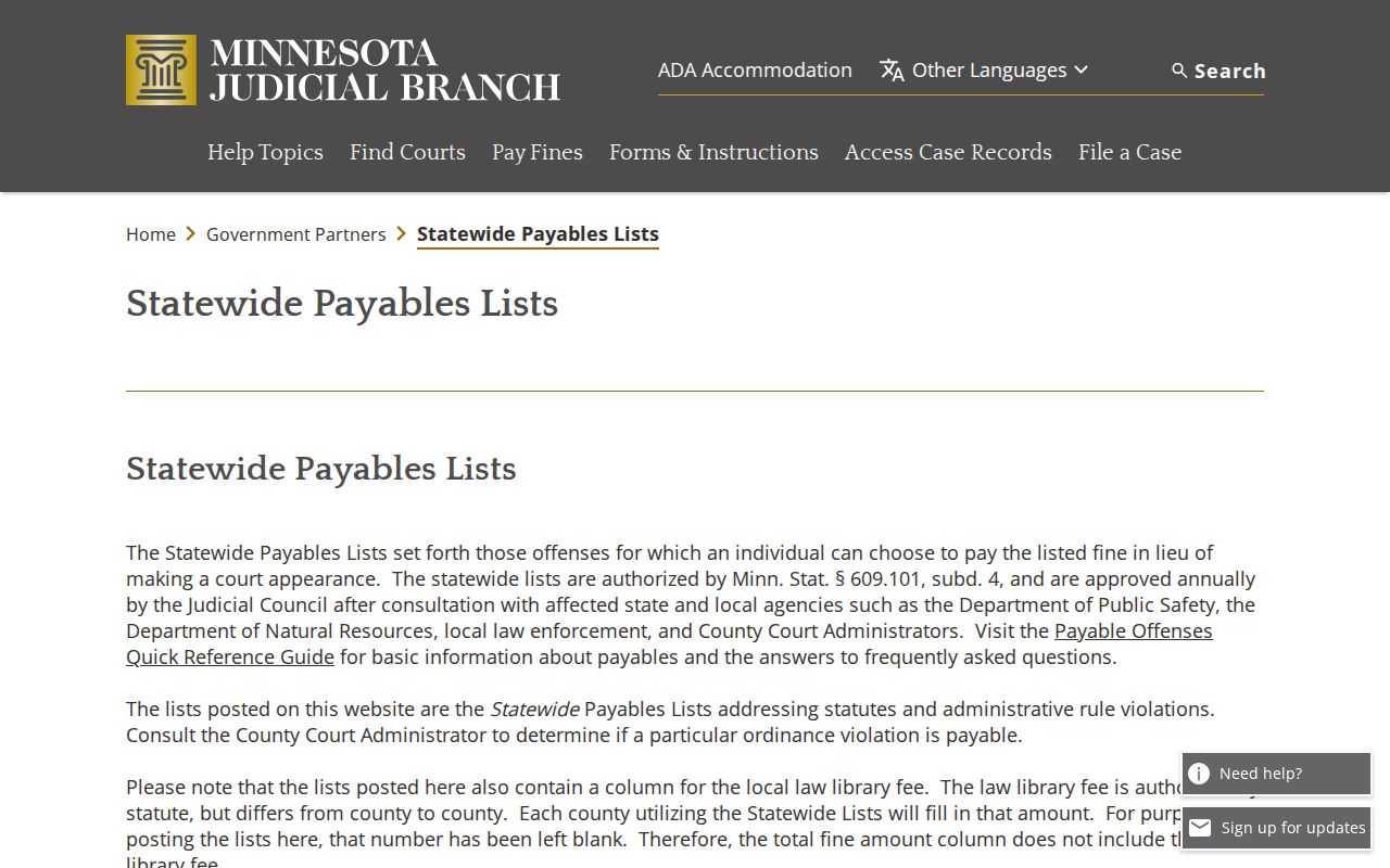 Minnesota statewide payables list resource for traffic citations