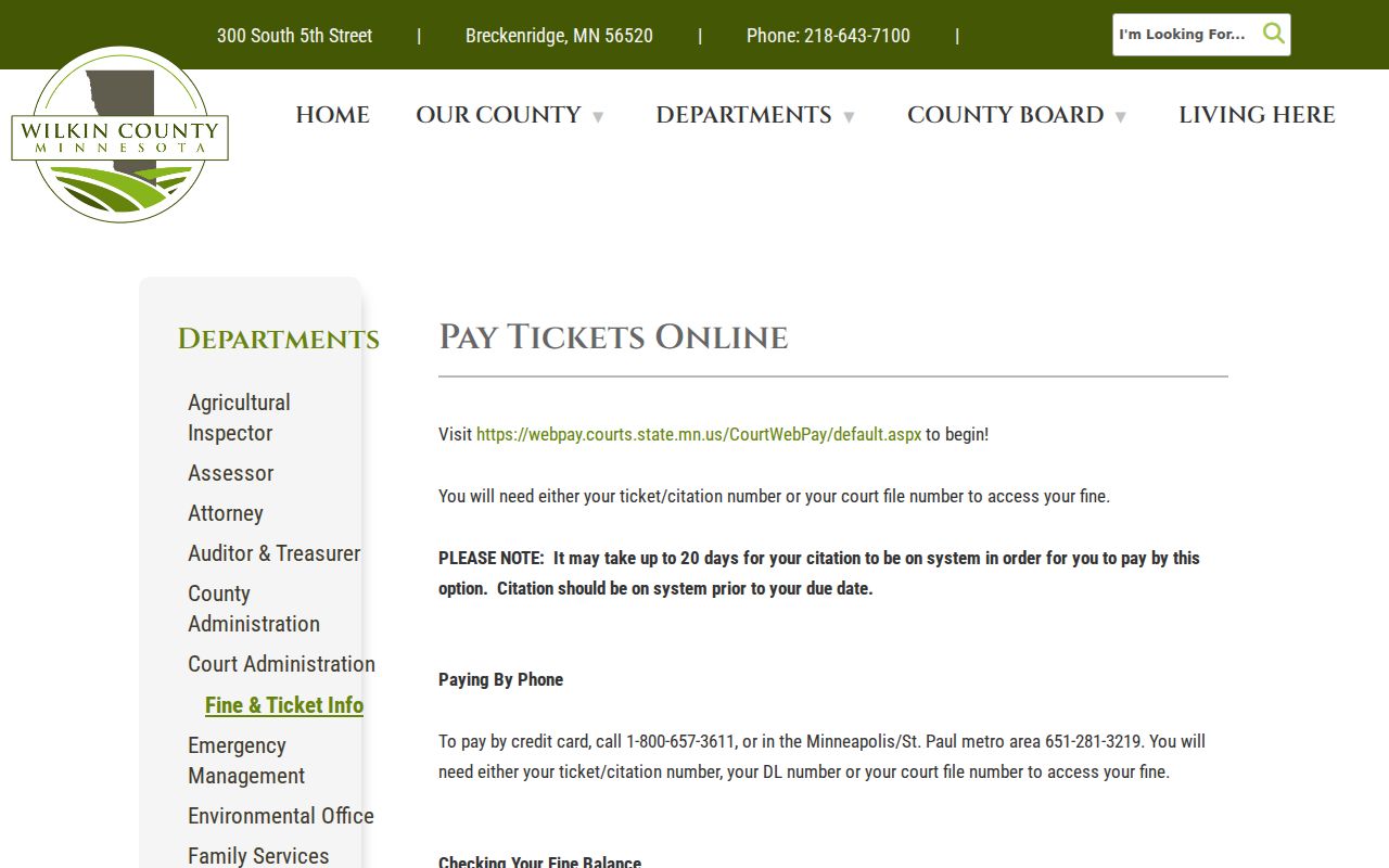 Wilkin County fine and ticket information page with official citation routes