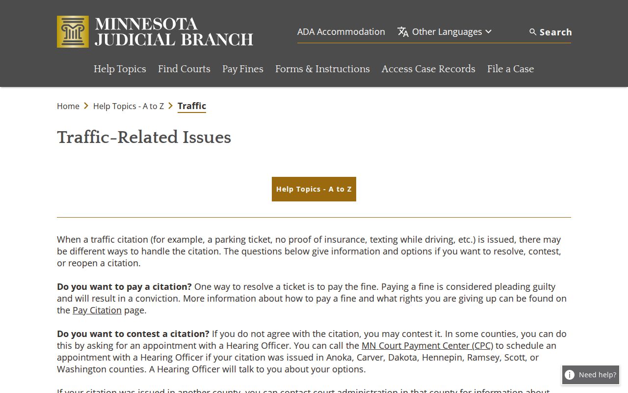 Minnesota Judicial Branch traffic issues information page